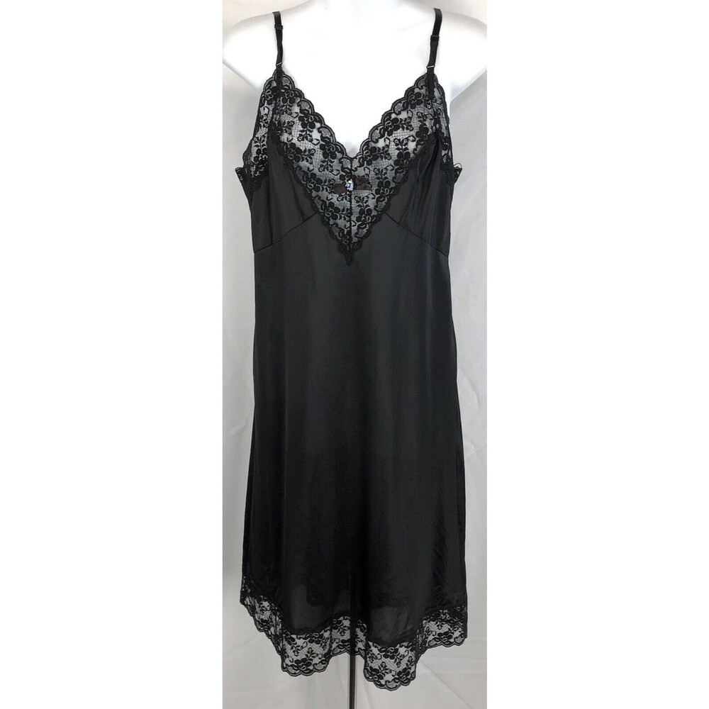Vintage Slipfection Satin Lace Slip Lingerie Gown M Black 70 80s Whimsy coquette